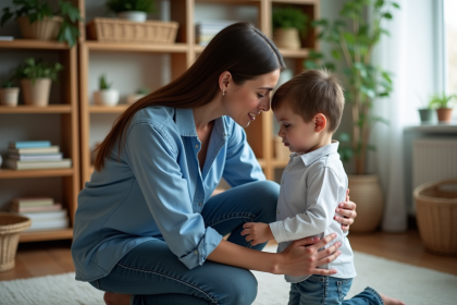 Maman réconforte son fils dans un salon chaleureux