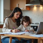 Femme et enfant remplissant des papiers dans la cuisine
