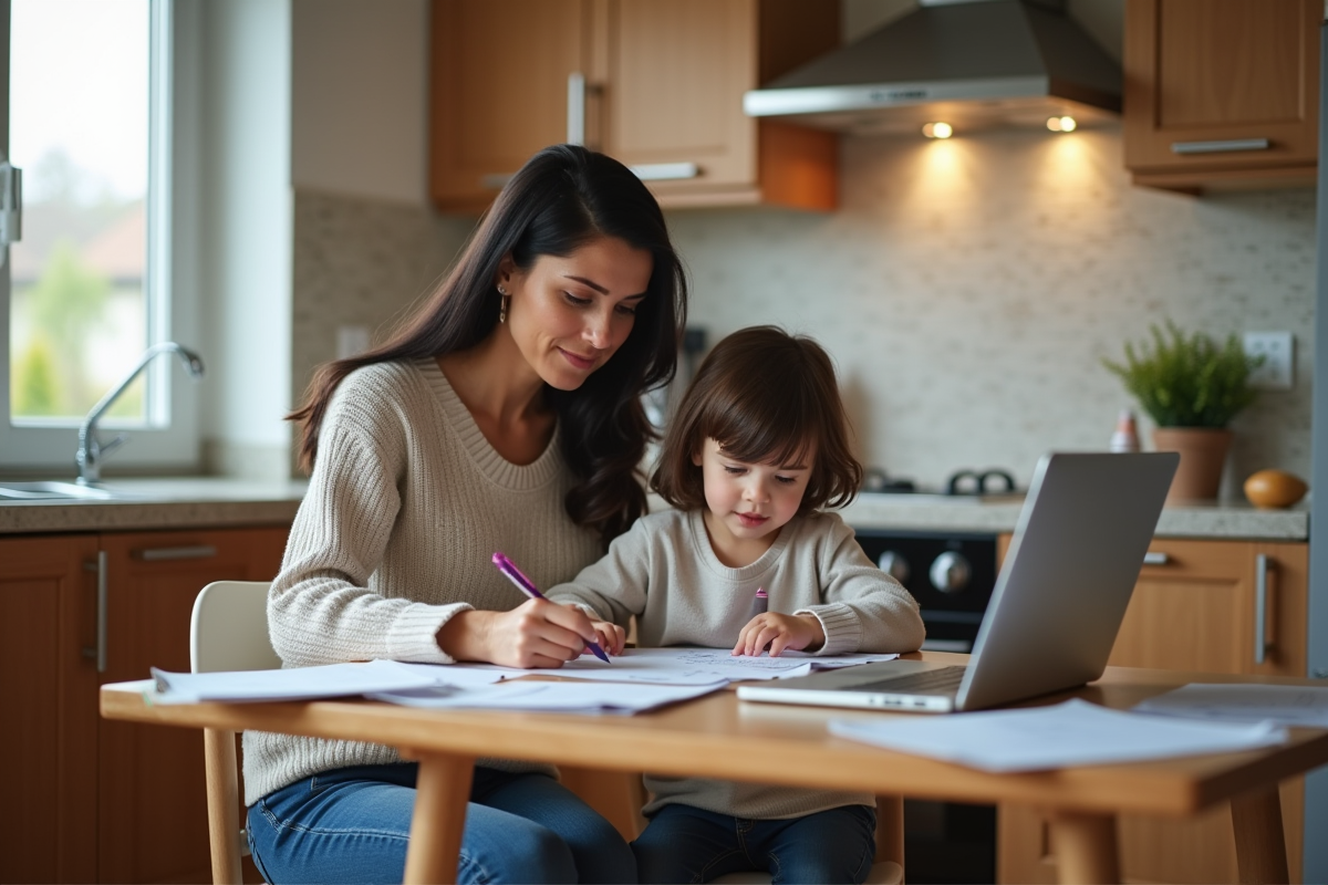 Femme et enfant remplissant des papiers dans la cuisine
