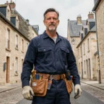 Électricien professionnel en uniforme de travail devant les façades en pierre typiques de Caen, évoquant l'expertise locale en électricité