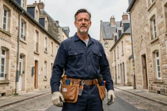 Électricien professionnel en uniforme de travail devant les façades en pierre typiques de Caen, évoquant l'expertise locale en électricité