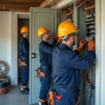 Équipe d'électriciens professionnels travaillant sur un tableau électrique dans le Territoire de Belfort