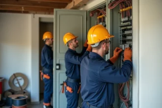 Équipe d'électriciens professionnels travaillant sur un tableau électrique dans le Territoire de Belfort