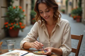 Femme mélangeant des aquarelles pour obtenir une couleur marron sur une palette céramique, avec un carnet de voyage ouvert sur une table en bois dans une ruelle européenne