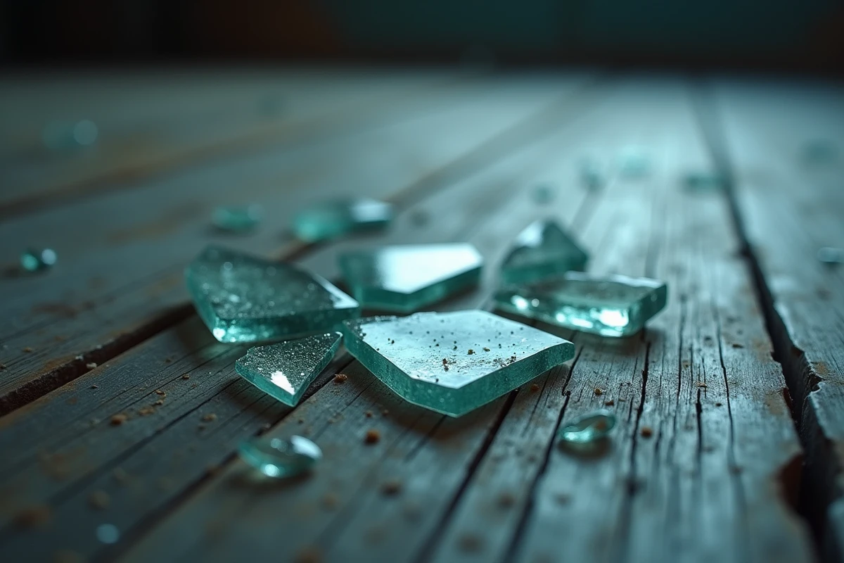 Gros plan de morceaux de verre blanc brisé sur un parquet en bois usé, symbolisant la superstition du verre cassé