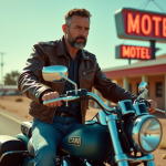 Homme avec moto vintage devant motel Route 66