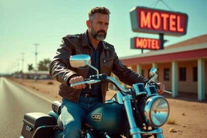 Homme avec moto vintage devant motel Route 66