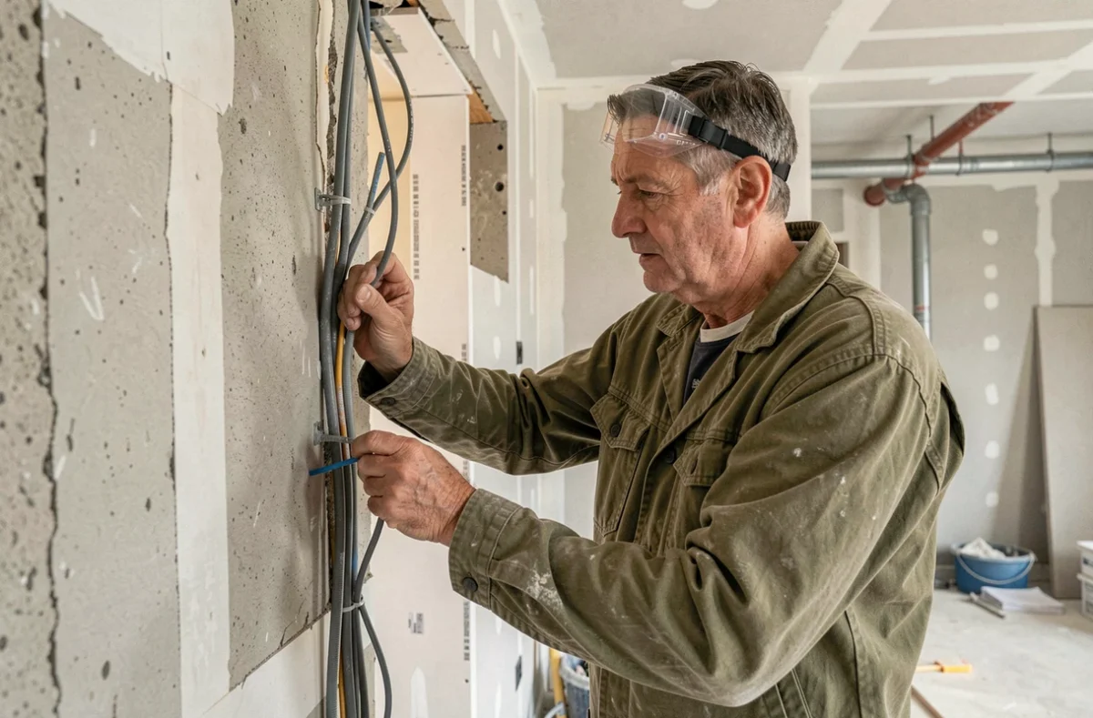 Professionnel de Multi-Services Habitat examinant des conduits électriques dans un appartement en cours de rénovation globale, combinant électricité et travaux de logement