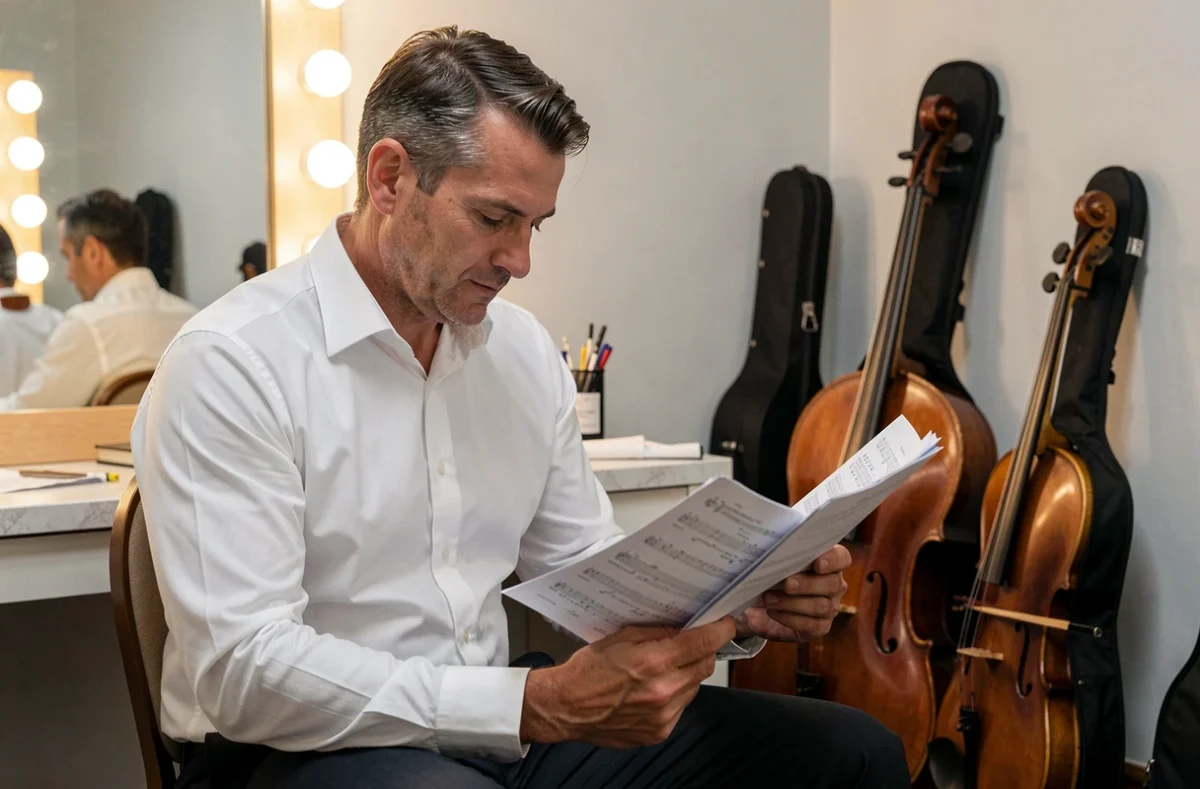 Musicien classique en coulisses examinant des partitions dans une loge avant un concert