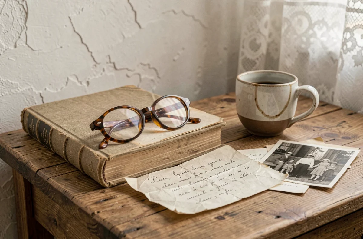 Nature morte avec roman vintage, lunettes et lettre manuscrite sur table en chêne, évoquant l'univers littéraire et historique des Années glorieuses de Pierre Lemaitre