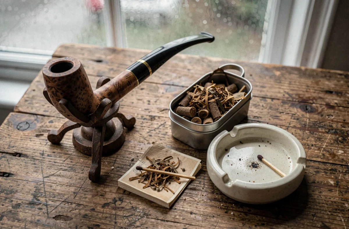 Nature morte avec pipe, boîte de tabac à pipe et accessoires sur une table en chêne rustique, vue de dessus