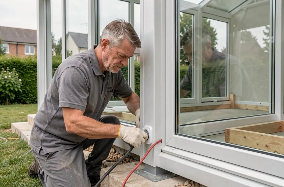 Technicien câblant une prise électrique intégrée à la structure d'une véranda aluminium, illustrant l'approche combinée menuiserie et génie climatique de Normandie Vérandas et Fermetures