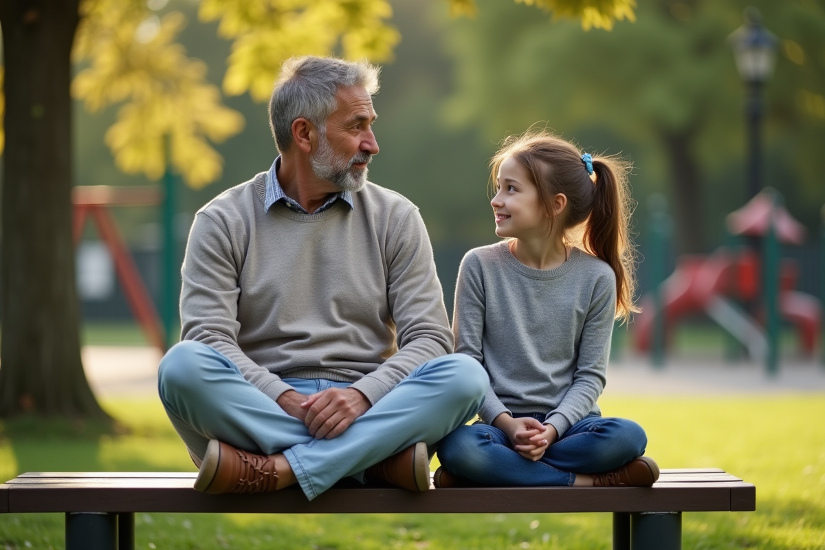 Père et fille discutent dans un parc en plein air