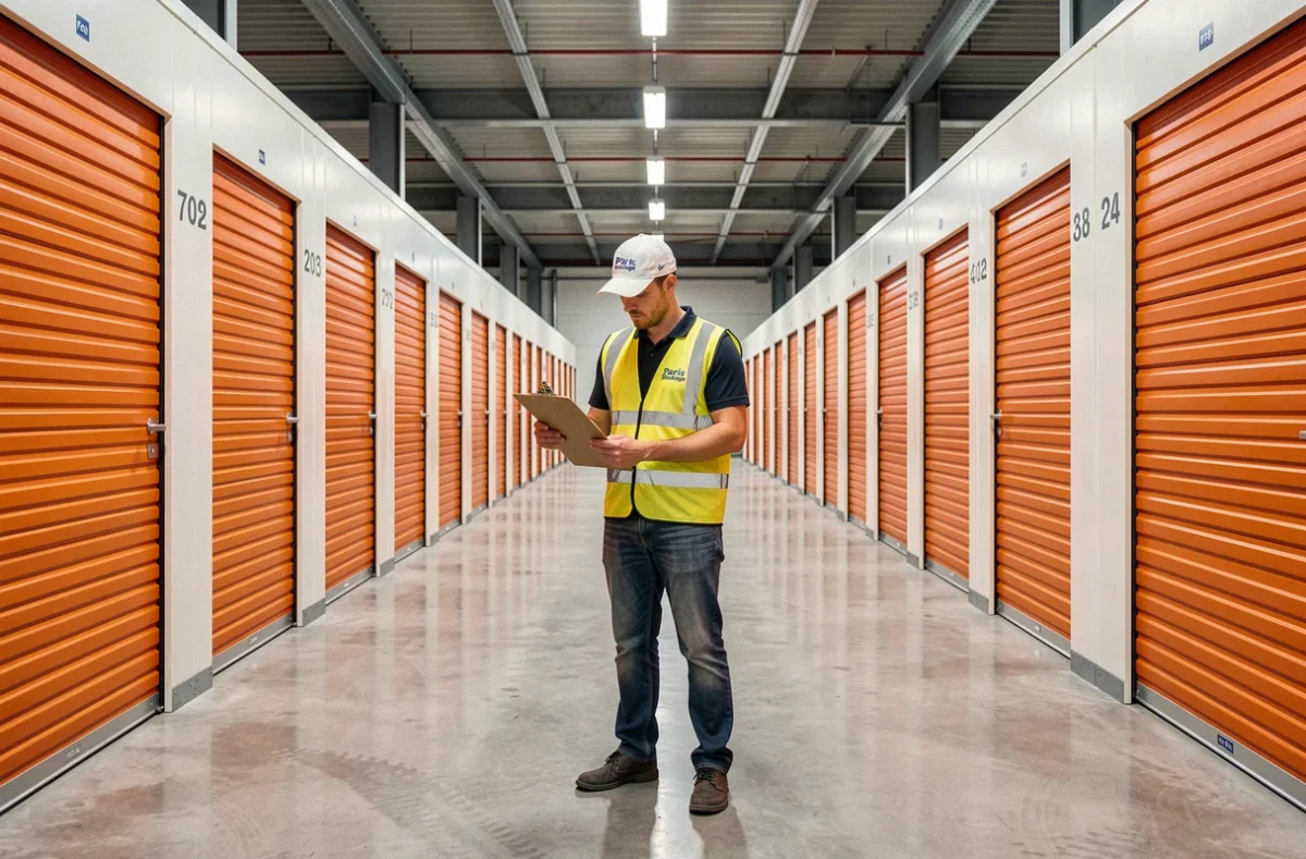 Employé Paris Stockage dans le couloir d'un centre de self-stockage moderne avec rangées de boxes orange