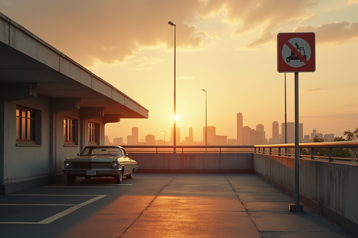 Parking vide au lever du soleil avec voiture ancienne