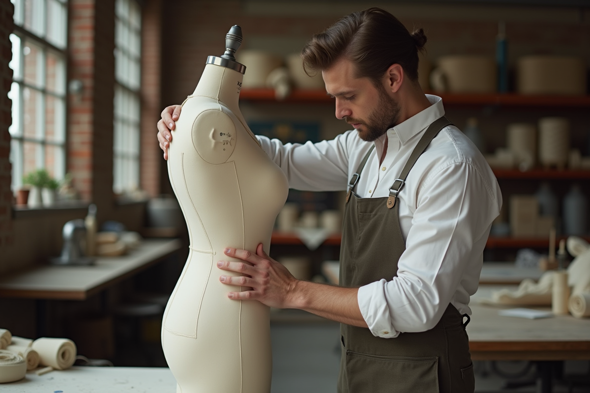 Patronnier homme ajustant un drapé dans son atelier industriel