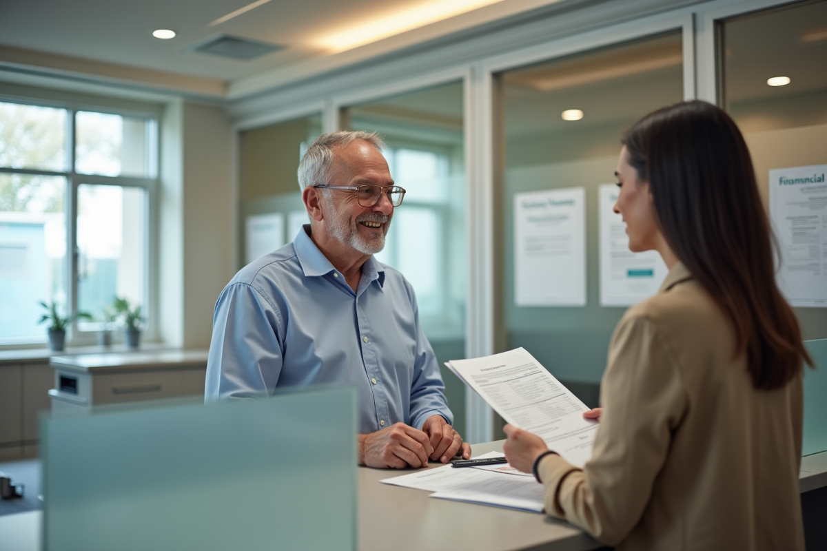 Pere parlant avec conseillère dans un bureau public
