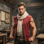 Personnage de type guerrier en gilet rouge dans une taverne fantaisie évoquant l'univers de Fairy Tail et ses combats épiques