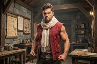 Personnage de type guerrier en gilet rouge dans une taverne fantaisie évoquant l'univers de Fairy Tail et ses combats épiques