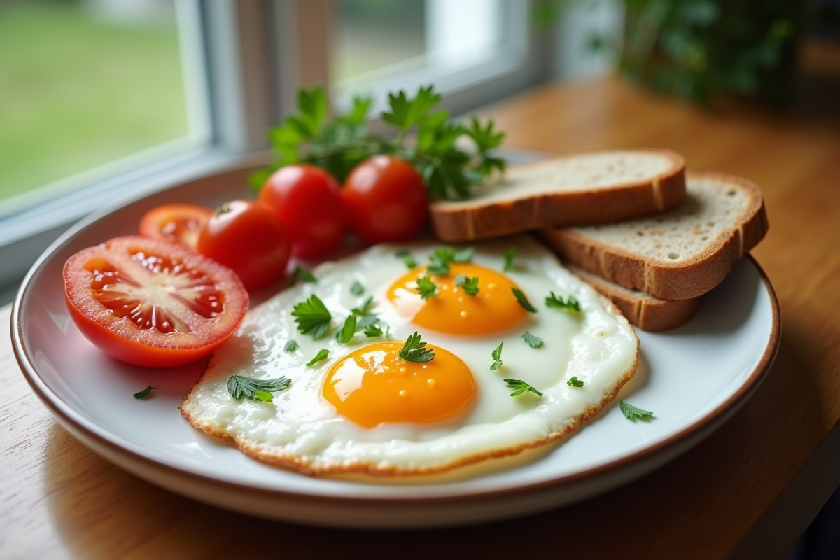 Assiette de petit déjeuner avec œuf au plat et tomates