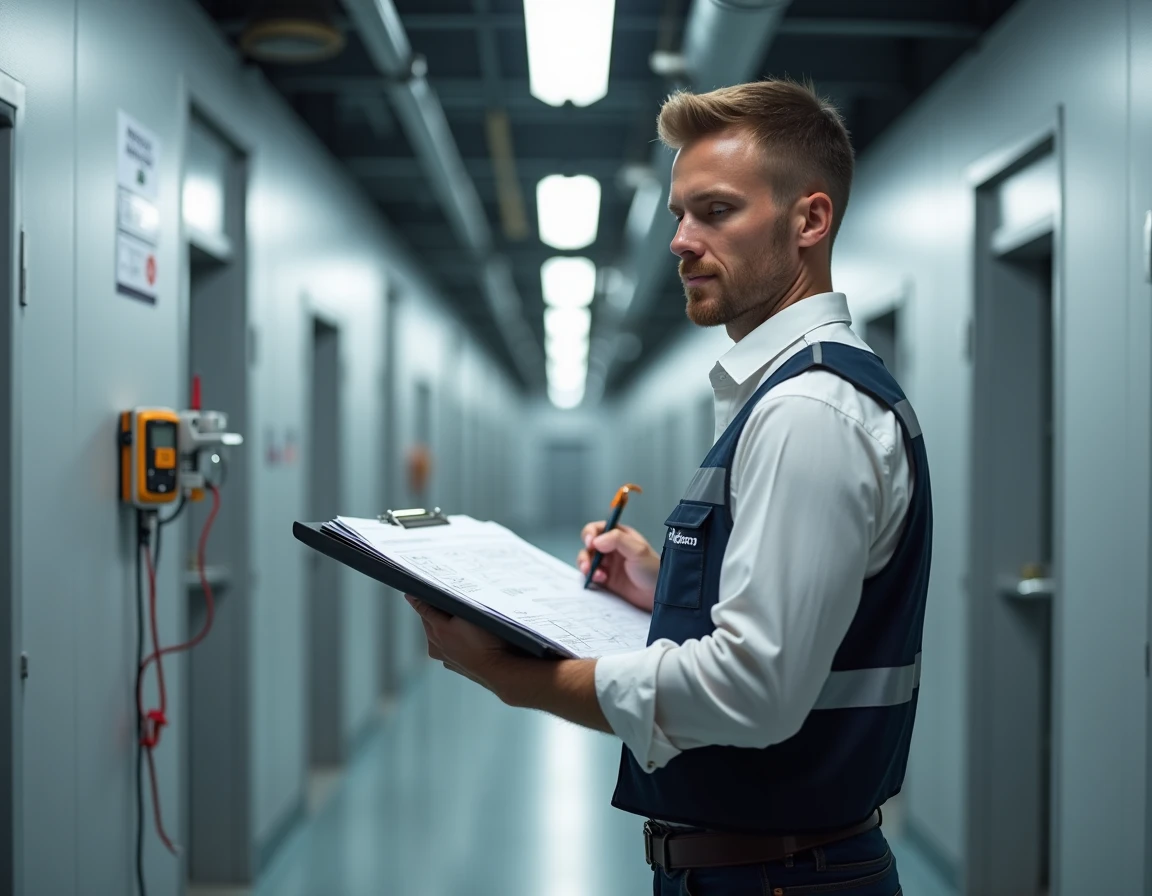 Technicien Philpro réalisant un audit de conformité électrique dans un bâtiment commercial
