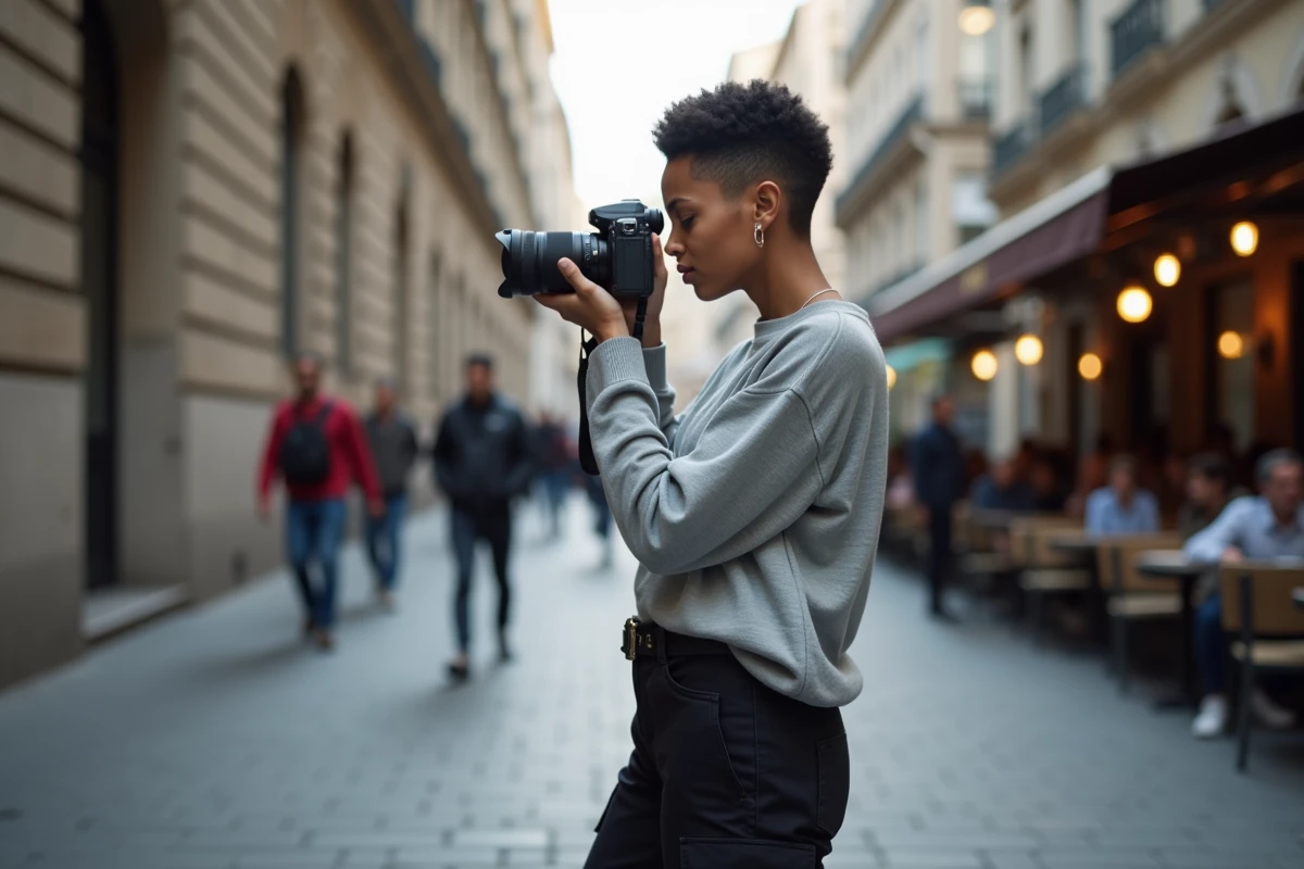 Photographe utilisant un Fujifilm X-T20 compact pour la photo de rue en ville, montrant la discrétion et la légèreté du boîtier mirrorless au quotidien