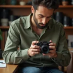 Photographe comparant un appareil Fujifilm X-T20 mirrorless à un reflex posé sur un bureau en bois, illustrant la transition entre les deux systèmes