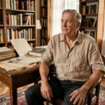 Homme d'âge mûr écrivant à un bureau encombré de manuscrits et journaux des années 1960, évoquant l'univers de Pierre Lemaitre et Les Années glorieuses