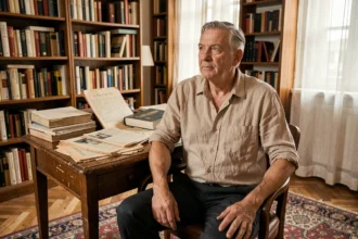 Homme d'âge mûr écrivant à un bureau encombré de manuscrits et journaux des années 1960, évoquant l'univers de Pierre Lemaitre et Les Années glorieuses