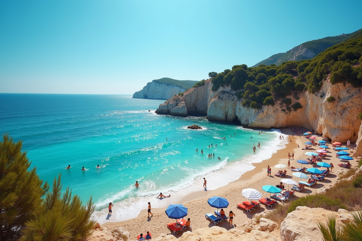 Plage méditerranéenne en France en journée avec parasols et enfants
