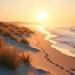 Plage tranquille en France au lever du soleil avec dunes et vagues