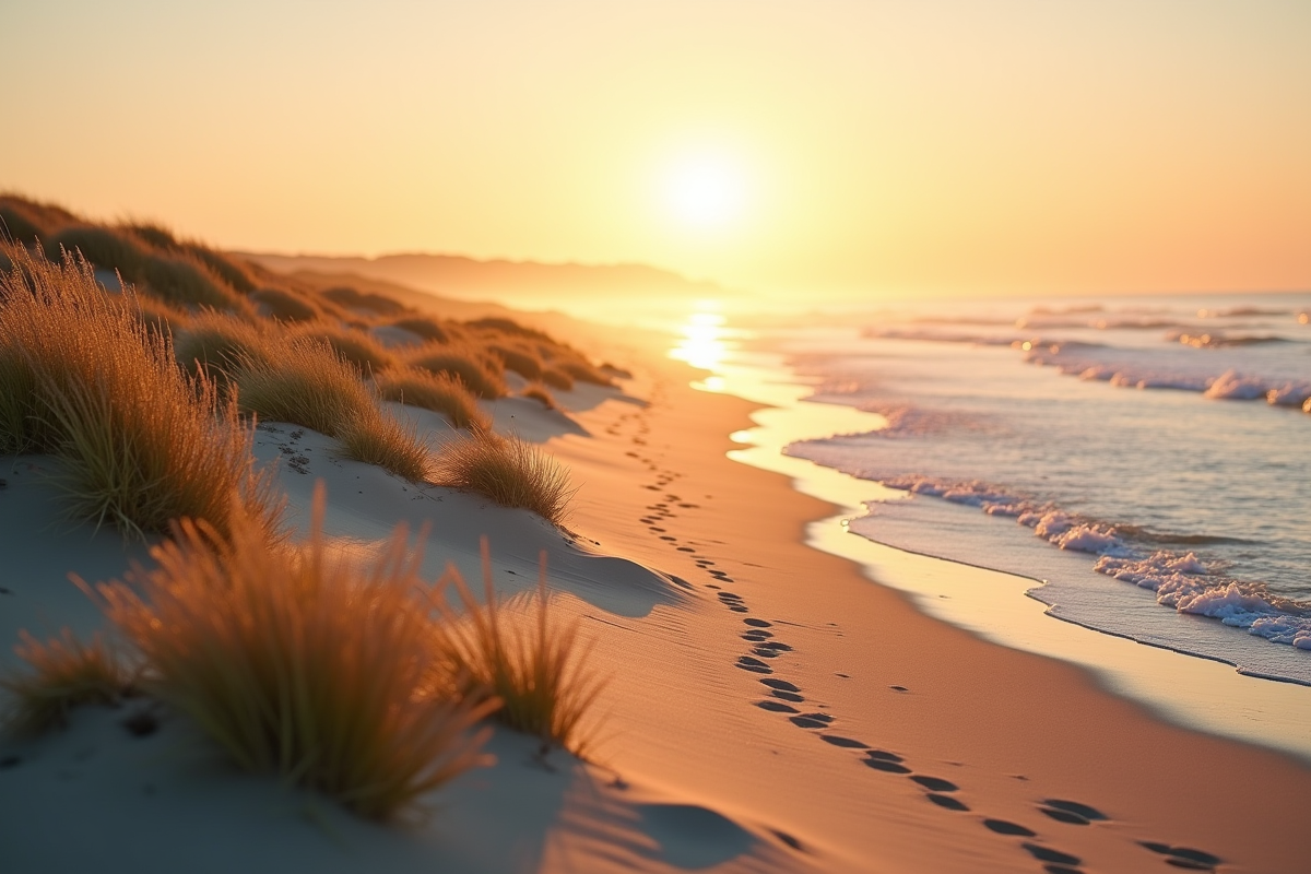 Plage tranquille en France au lever du soleil avec dunes et vagues