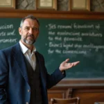 Professeur d'histoire expliquant les mots de La Marseillaise écrits à la craie sur un tableau ancien dans une salle de classe au décor révolutionnaire