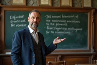 Professeur d'histoire expliquant les mots de La Marseillaise écrits à la craie sur un tableau ancien dans une salle de classe au décor révolutionnaire