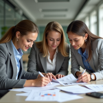 Trois professionnels en réunion dans un bureau lumineux