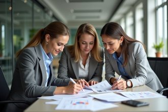 Trois professionnels en réunion dans un bureau lumineux
