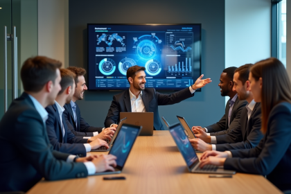 Groupe de professionnels en réunion analysant des dashboards IA