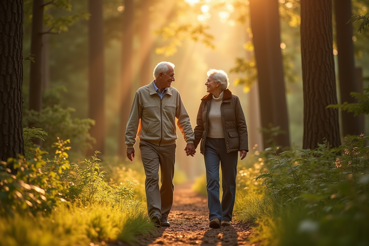 Couple de seniors marchant dans la forêt en automne