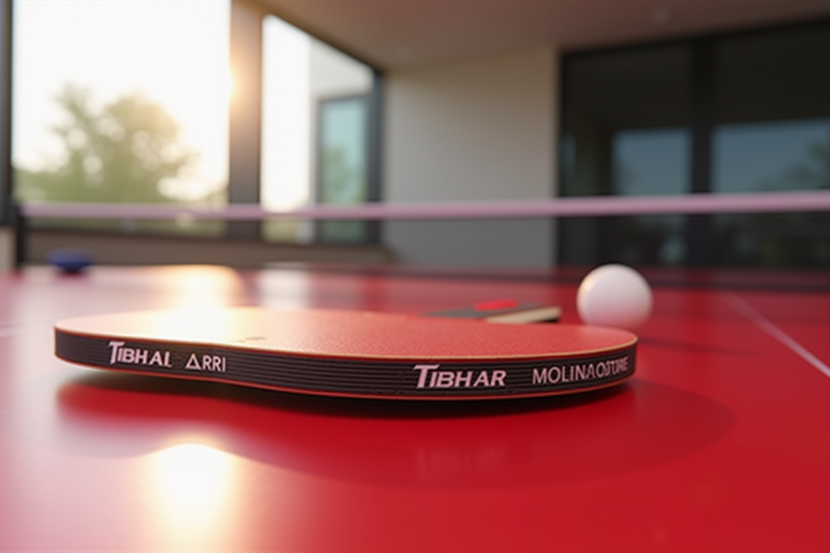 Raquette Tibhar posée sur une table de pingpong rouge avec balle blanche