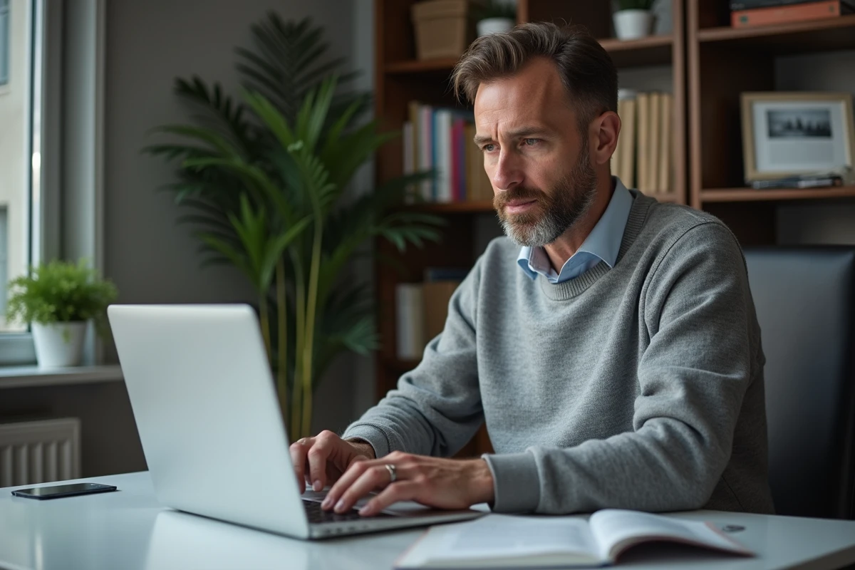 Homme recherchant des informations biographiques en ligne sur un ordinateur