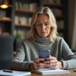Femme cherchant un numéro de téléphone sur liste rouge depuis son bureau à domicile