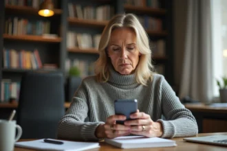 Femme cherchant un numéro de téléphone sur liste rouge depuis son bureau à domicile