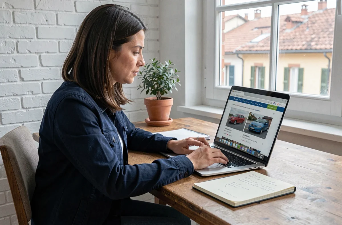 Femme recherchant une voiture d'occasion sur un site italien depuis son bureau à domicile