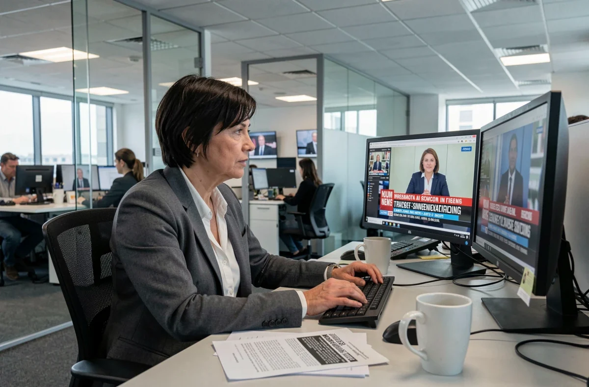 Rédactrice de presse suivant les actualités en direct sur plusieurs écrans dans une salle de rédaction moderne