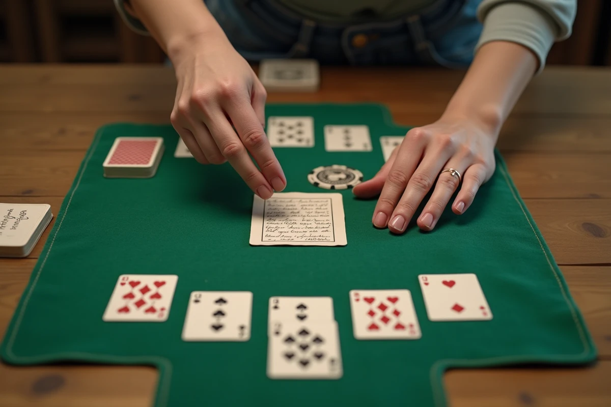 Gros plan sur des mains de femme arrangeant des cartes à jouer sur un tapis de jeu vert avec une fiche de règles maison manuscrite