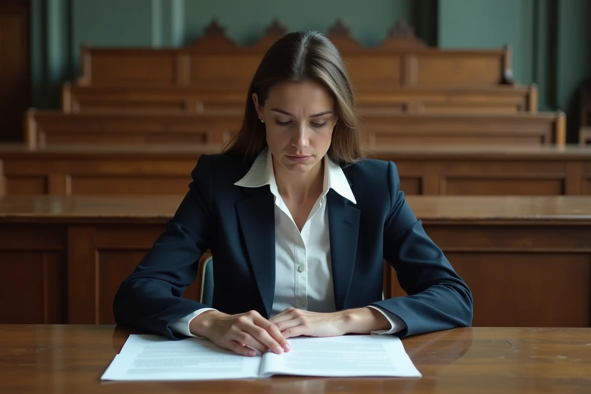 Femme déçue consultant ses documents juridiques dans une salle d'audience après avoir été déboutée par le tribunal