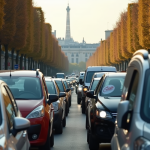 Rue parisienne animée avec voitures Crit Air et skyline