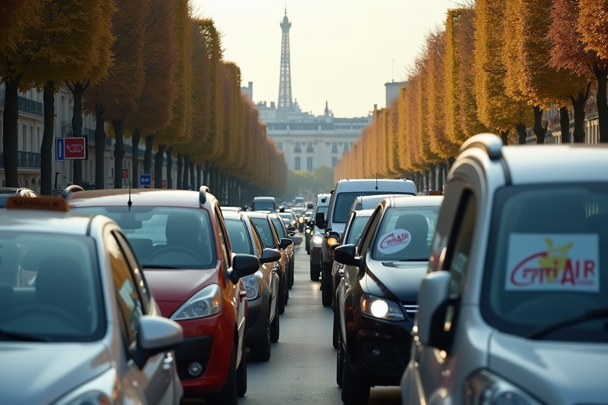 Rue parisienne animée avec voitures Crit Air et skyline