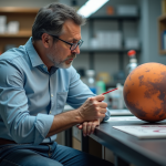 Chercheur en laboratoire étudiant un modèle 3D de Mars