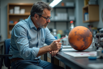 Chercheur en laboratoire étudiant un modèle 3D de Mars